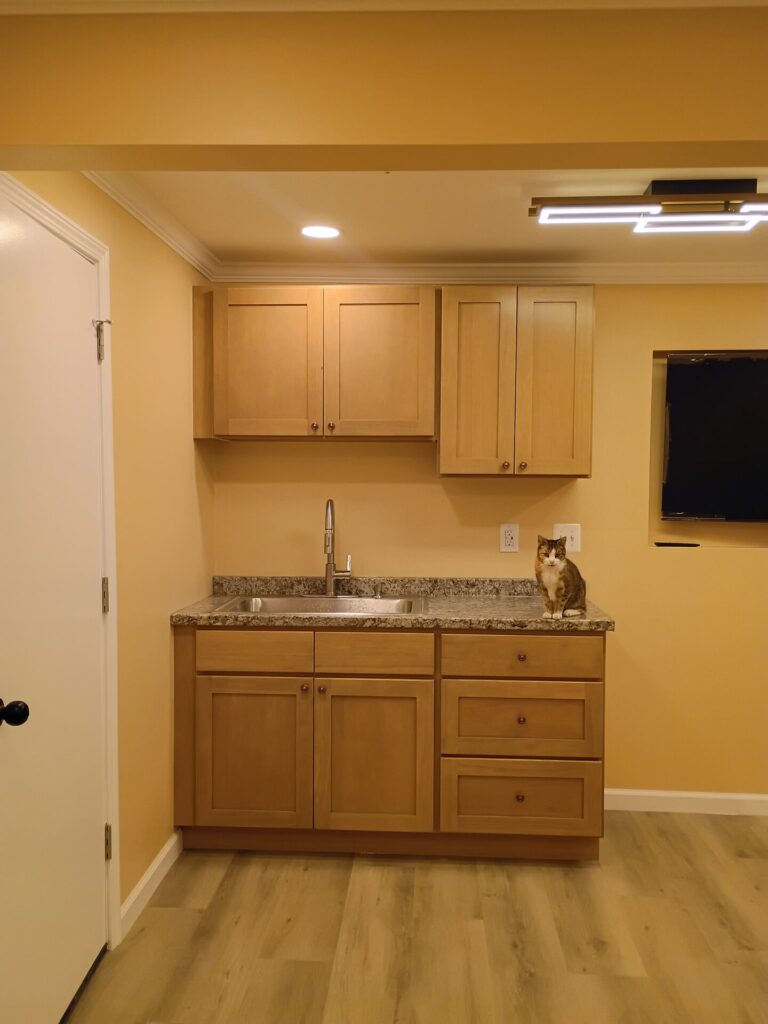 Kitchenette with wood cabinets and a stainless sink
